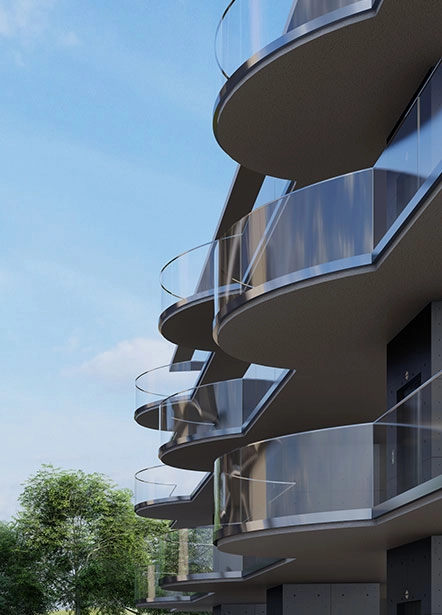 Gebogenes Ganzglasgeländer VISOPLAN Sinus - Balkon aus Glas
