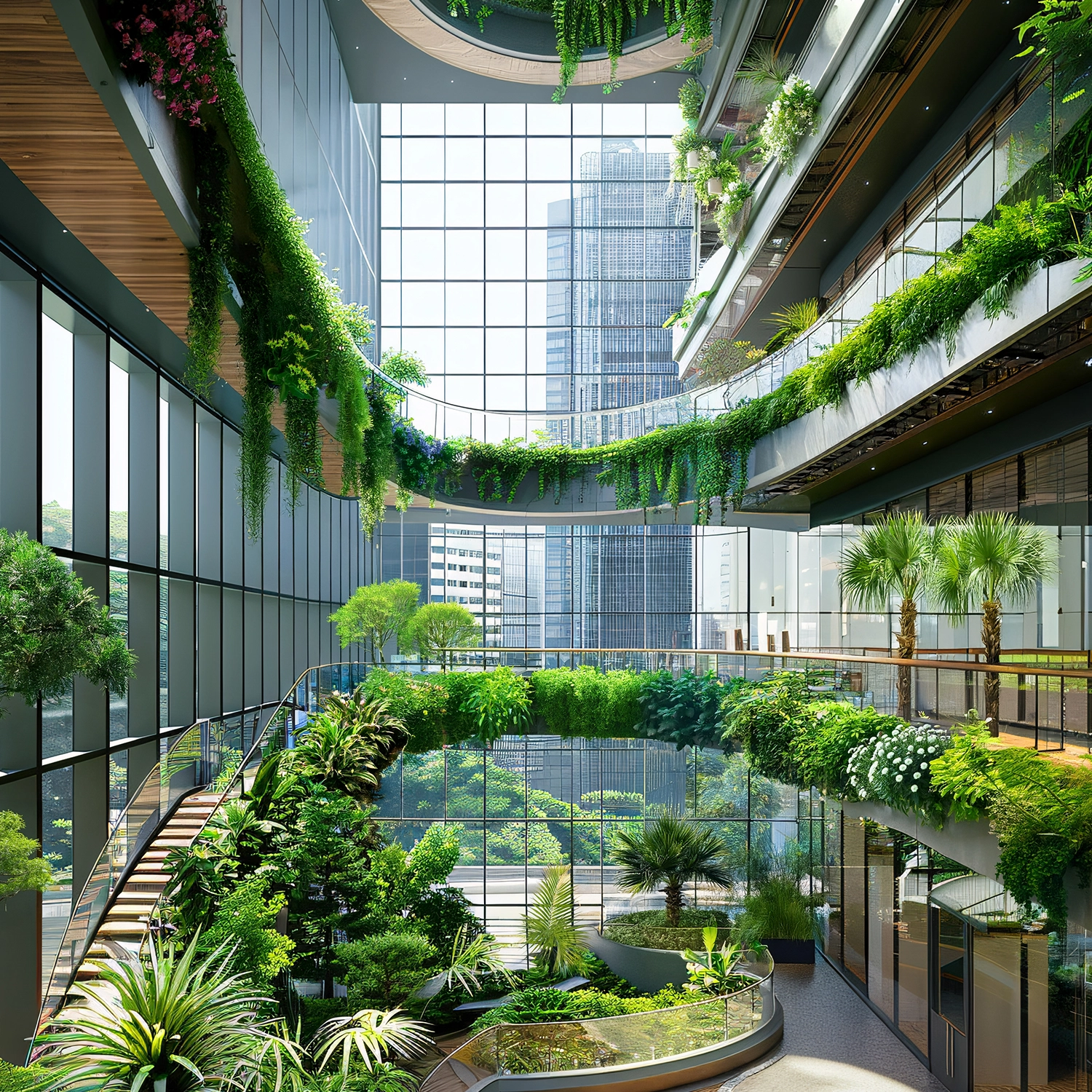 Atrium eines modernen Gebäudes, das durch üppige Innenraumbegrünung in verschiedenen Ebenen besticht. Hängepflanzen ranken von oberen Galerien herab, während im Erdgeschoss und auf Zwischenebenen große Pflanzkübel und Beete mit einer Vielfalt an Farnen, Bäumen und Sträuchern eine grüne Oase schaffen. Große Glasfronten lassen viel Tageslicht herein und geben den Blick auf urbane Hochhäuser frei, während Handläufe aus Glas die Sicherheit der Besucher auf den umlaufenden Gängen gewährleisten, die eine harmonische Verbindung zwischen Architektur und Natur bilden.