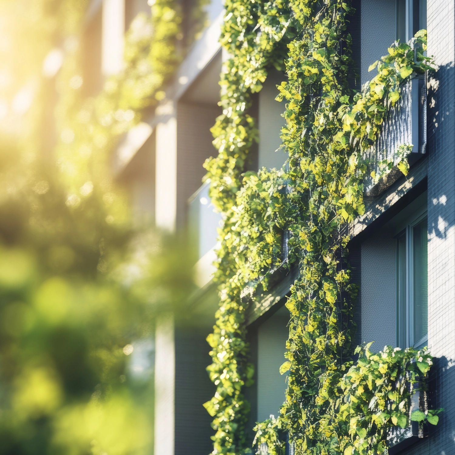 Vertikale Begrünung einer modernen Gebäudefassade, bei der üppiges Grün – möglicherweise Efeu oder ähnliche Kletterpflanzen – von bodengebundenen Systemen des Typs PLANT TERRA entlang der Fenster und Balkone emporwächst. Die Sonnenstrahlen, die von links oben auf die Blätter fallen, betonen die frische und lebendige Ausstrahlung der grünen Wand.
