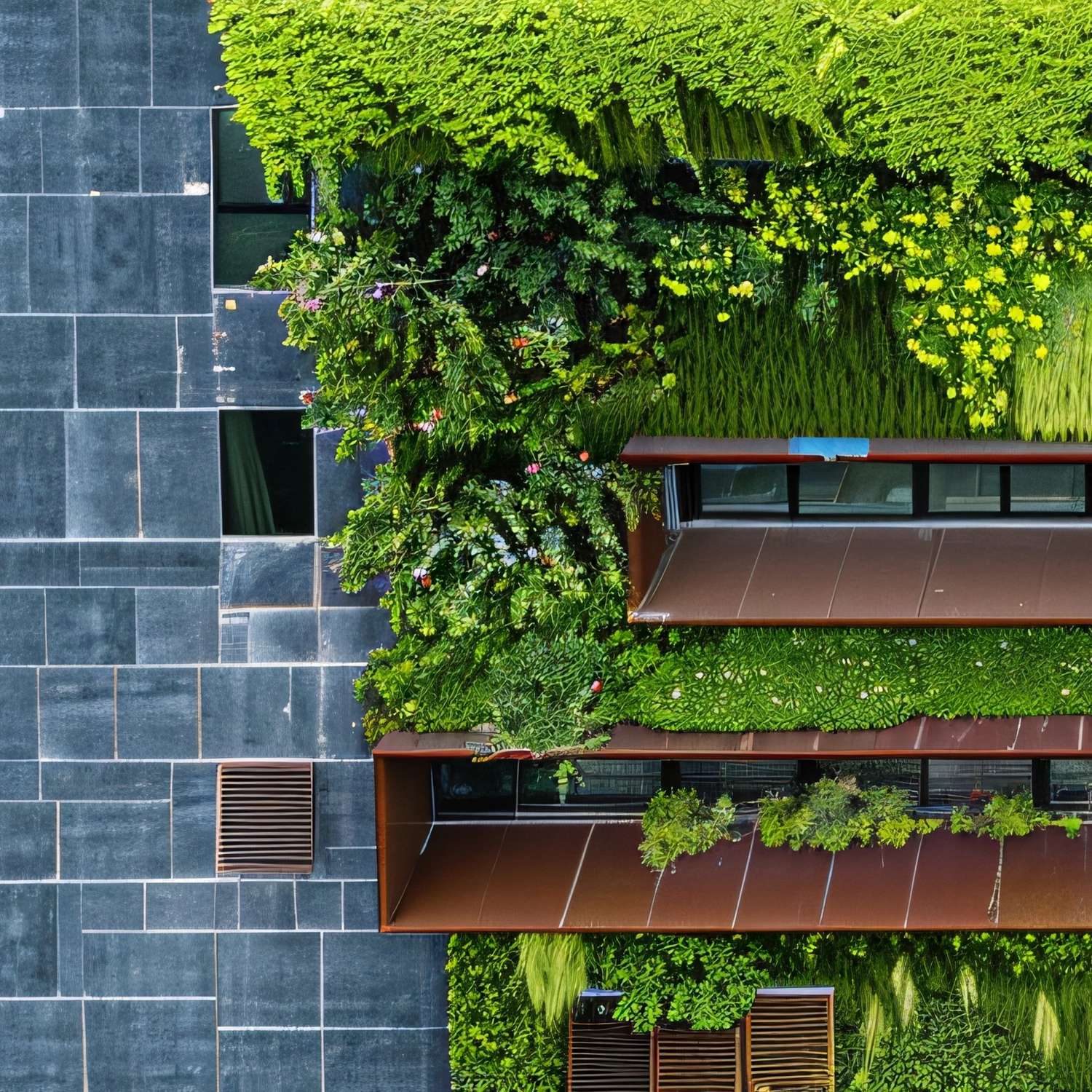 Beeindruckende, dichte vertikale Gartenwand des Systems PLANT WALL, die eine moderne Gebäudefassade teilweise bedeckt. Die Begrünung zeigt eine reiche Vielfalt an Pflanzen, darunter Gräser, Blühpflanzen mit gelben Blüten und buschigere Elemente, die eine lebendige, grüne Textur bilden und im Kontrast zur angrenzenden grauen Kachelfassade stehen.