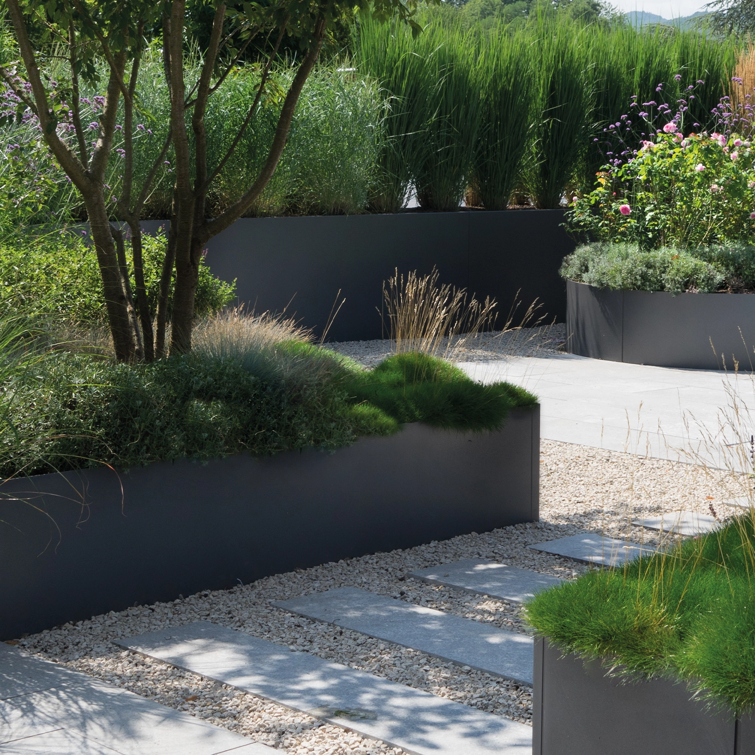 Elegante, moderne Gartenlandschaft mit dunkelgrauen Pflanztrögen des Modells PLANT VERDIS, die verschiedene Ebenen schaffen und eine vielfältige Bepflanzung von Gräsern, Sträuchern und blühenden Pflanzen kunstvoll zur Geltung bringen. Die klaren Linien der Tröge kontrastieren harmonisch mit der organischen Form der Vegetation und dem Kiesbelag.